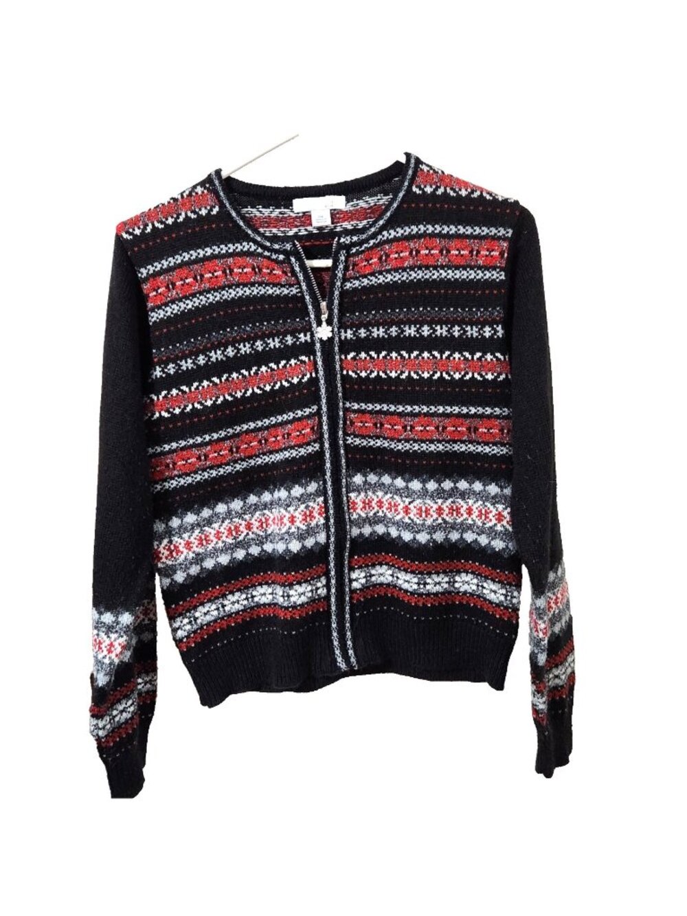 Dressbarn Winter Zip Cardigan Sweater Red Gray Black Snowflake Pattern Knit READ